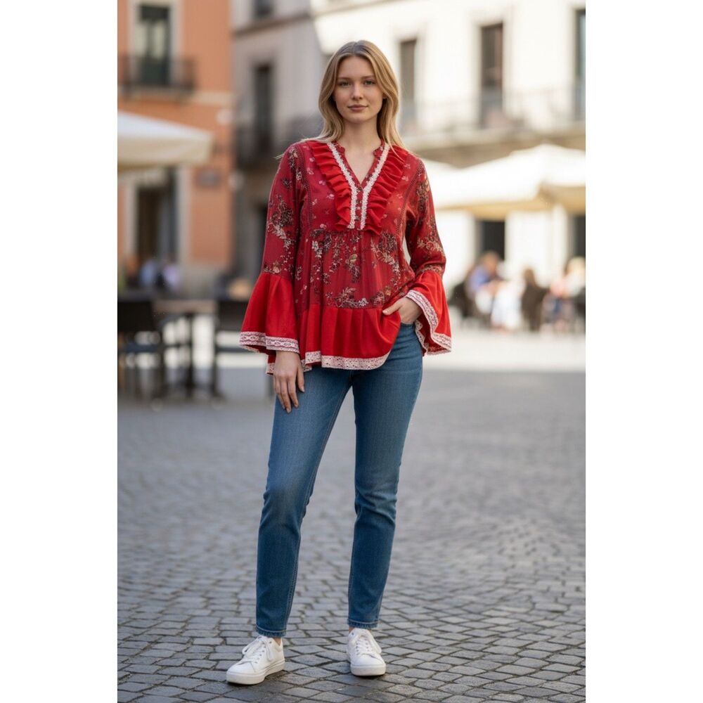 Eclectic boho Floral Red high low Ruffle Women's Top size L - 40” at bust.